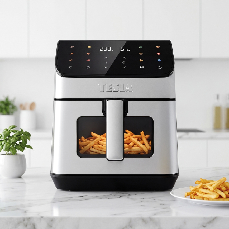 TESLA Electronics AirCook - 6,5 l forrólevegős fritőz 2100 W/230 V, matt króm/fekete