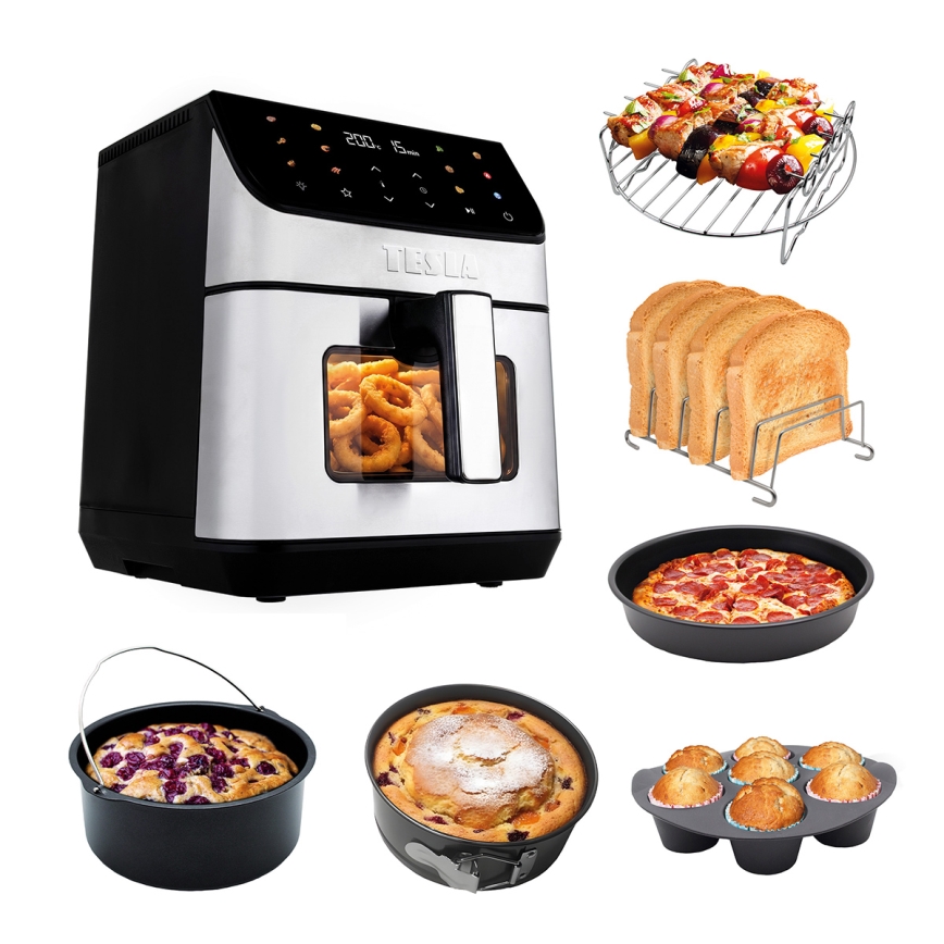 TESLA Electronics AirCook - 6,5 l forrólevegős fritőz 2100 W/230 V, matt króm/fekete