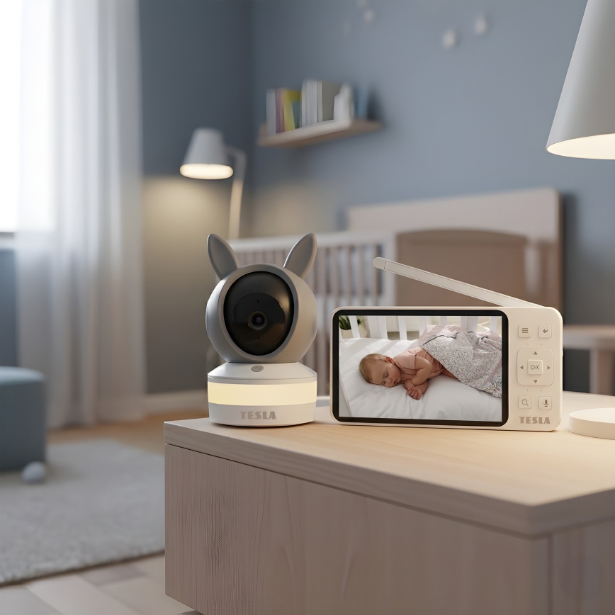 TESLA Electronics Bambino - Okos bébiőr monitorral 4 MP 2560p 5V 5000 mAh Wi‑Fi Tuya szürke/fehér