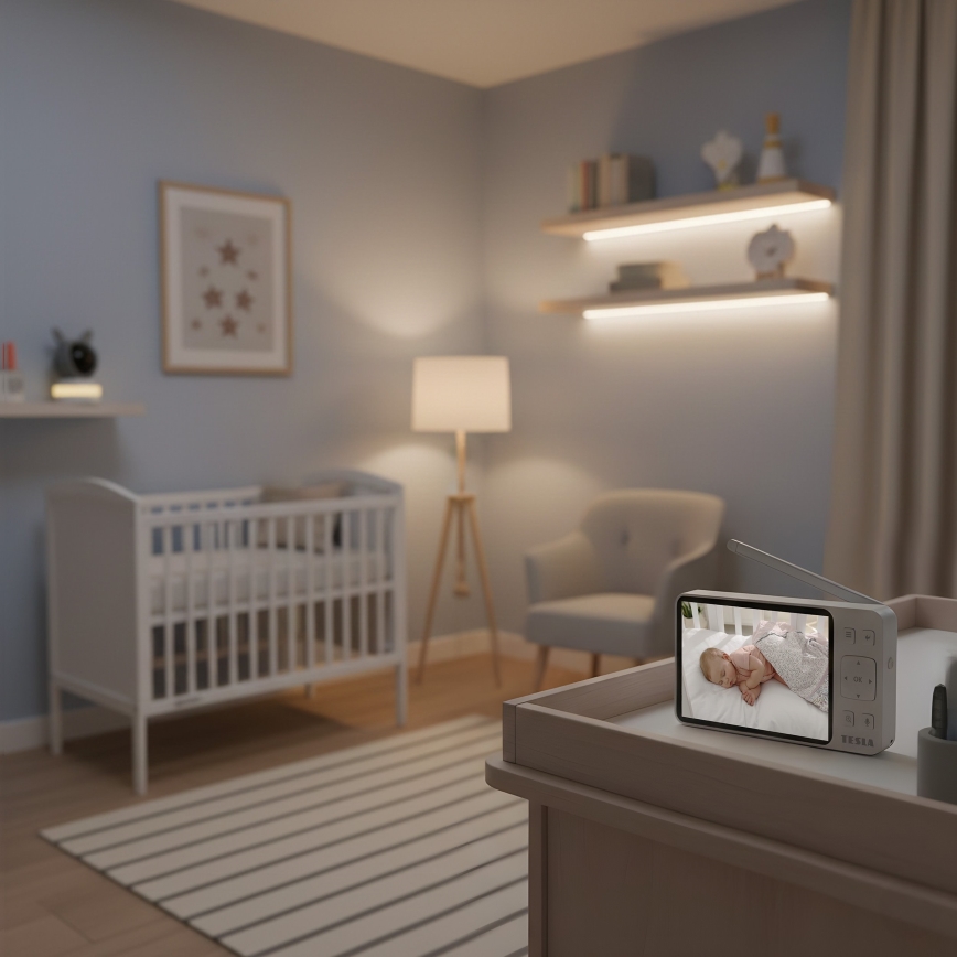 TESLA Electronics Bambino - Okos bébiőr monitorral 4 MP 2560p 5V 5000 mAh Wi‑Fi Tuya szürke/fehér