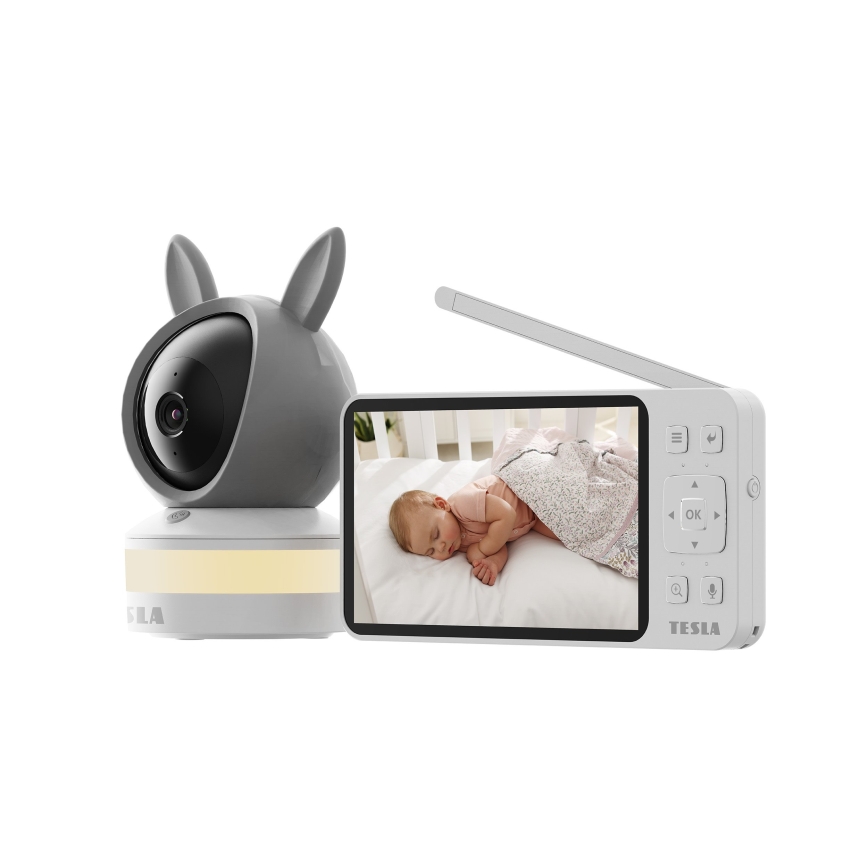 TESLA Electronics Bambino - Okos bébiőr monitorral 4 MP 2560p 5V 5000 mAh Wi‑Fi Tuya szürke/fehér