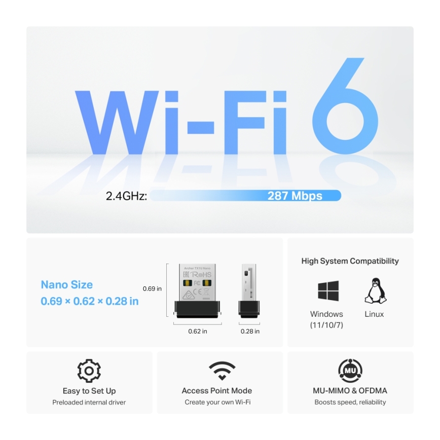 TP-Link - Vezeték nélküli Wi-Fi 6 USB nano adapter Archer TX1U Nano