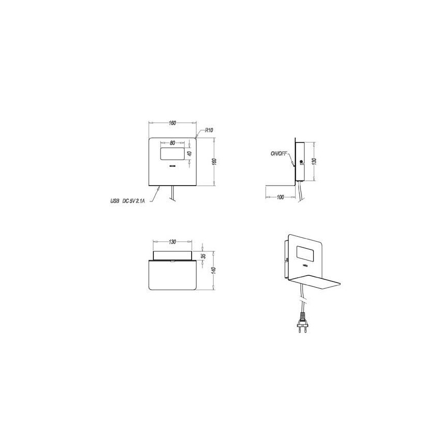 Trio - LED fali lámpa polccal ALOFT LED/3W/230V + USB port