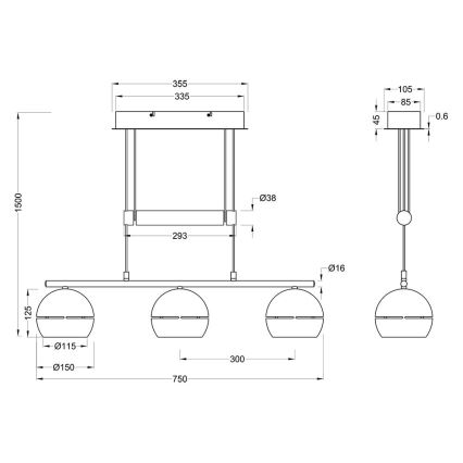 Trio - Csillár zsinóron FLETCHER 3xE14/40W/230V réz