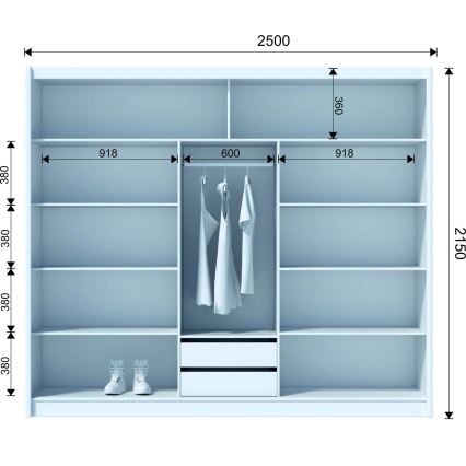 Tükrös gardróbszekrény SANTINO 250x215 cm fehér/craft tölgy