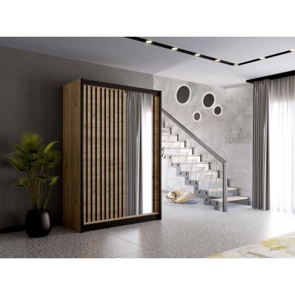Tükrös ruhásszekrény SANTINO 150x215 cm craft tölgy/fekete