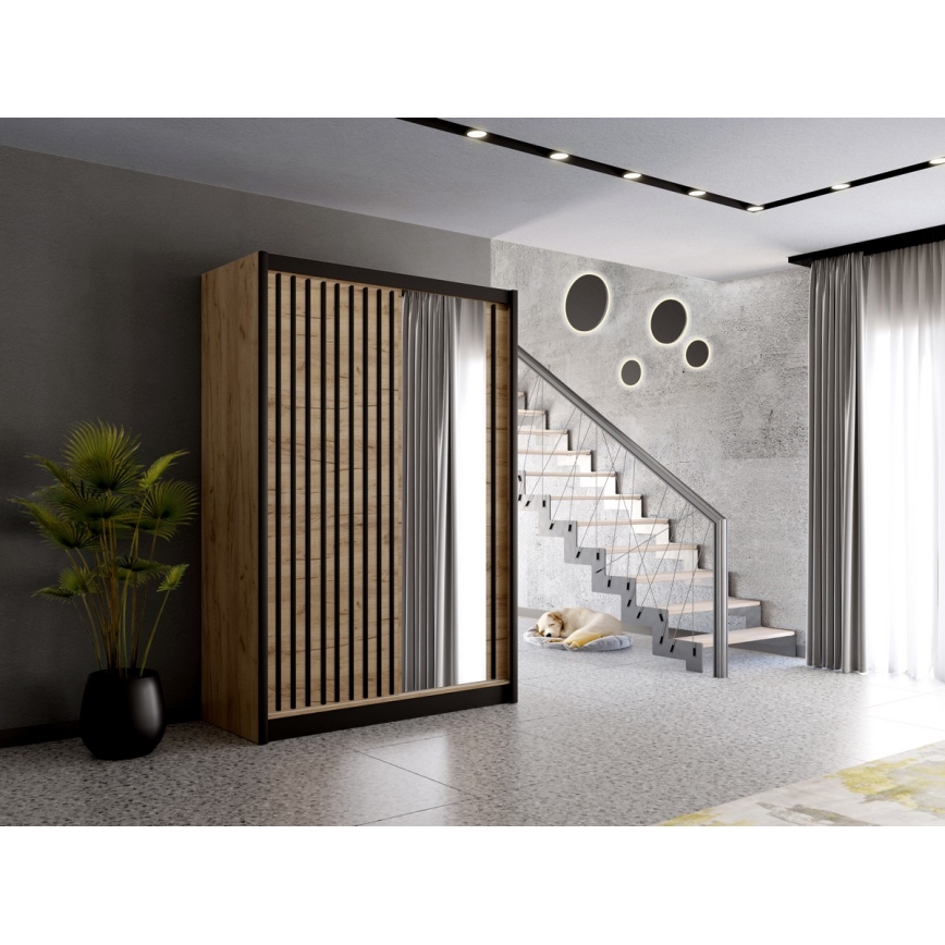 Tükrös ruhásszekrény SANTINO 150x215 cm craft tölgy/fekete
