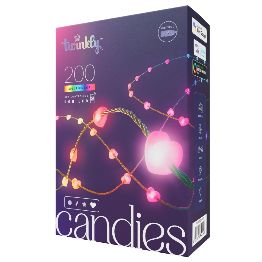 Twinkly - RGB LED fényfüzér CANDIES, dimmelhető, 200 LED, 14 m, USB, Wi-Fi
