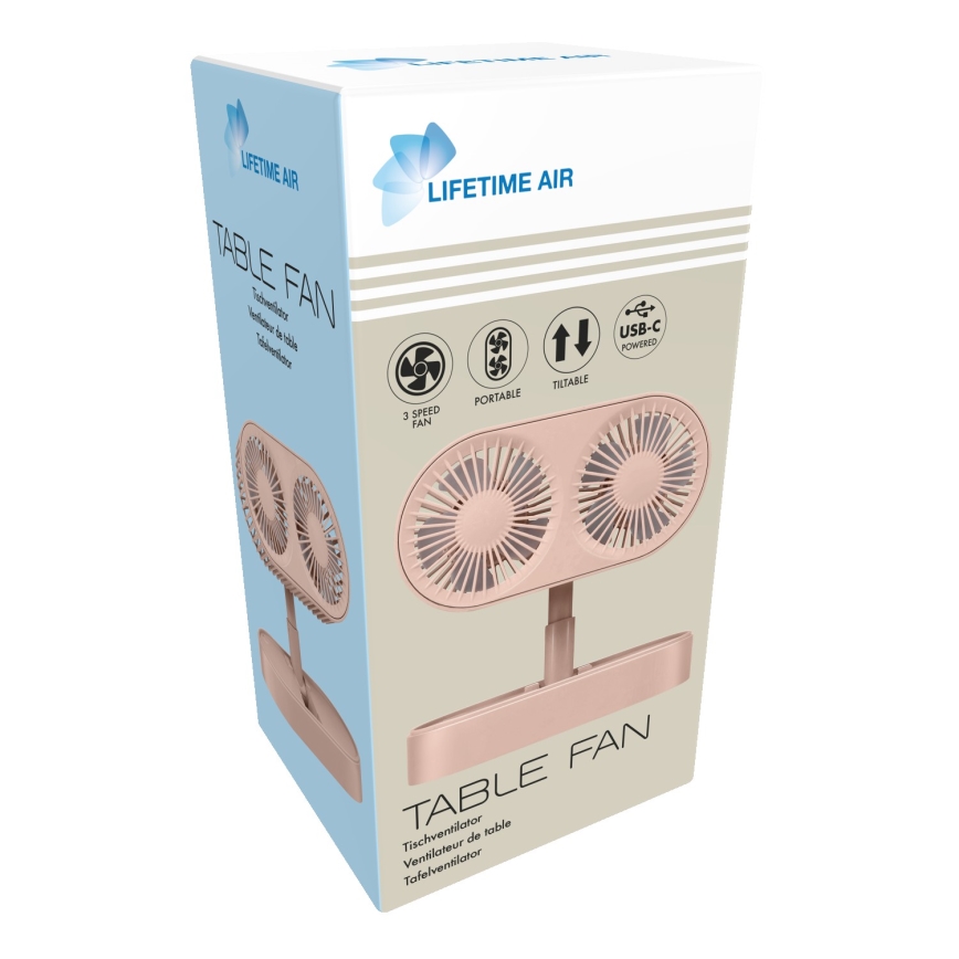 Újratölthető asztali ventilátor 3,7 V, 1200 mAh, rózsaszín