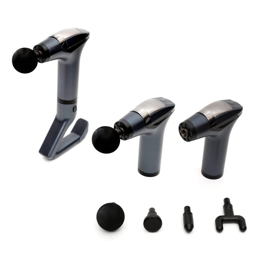 Újratölthető masszázspisztoly 4 fejjel és pánttal 25W/5V 1500 mAh