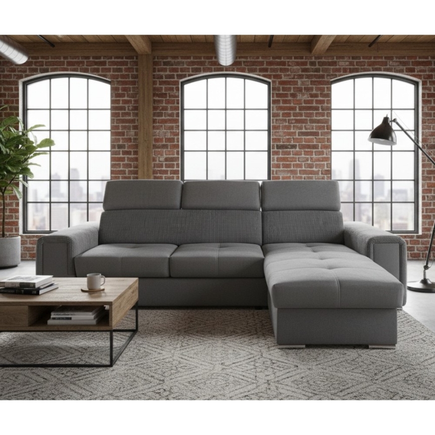 Univerzális L alakú kihúzható sarokülőgarnitúra tárolóhellyel SALVADA sötétszürke