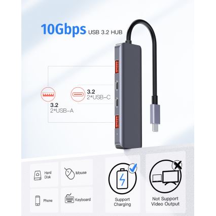 USB-C hub 5 az 1-ben, 100 W Power Delivery