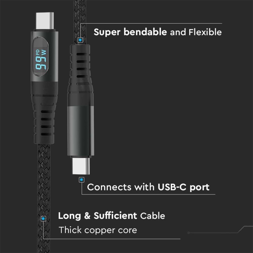 USB-C kábel LED kijelzővel 100W 1m