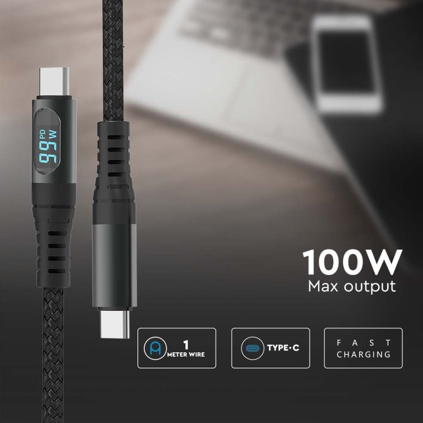USB-C kábel LED kijelzővel 100W 1m