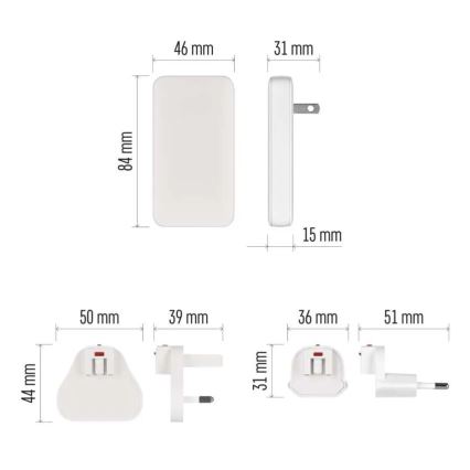 Utazóadapter cserélhető USB csatlakozófejekkel GaN 100-250V