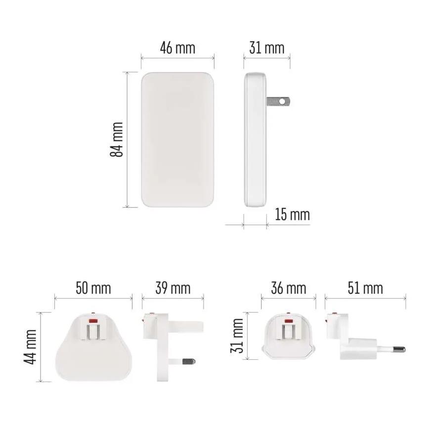 Utazóadapter cserélhető USB csatlakozófejekkel GaN 100-250V