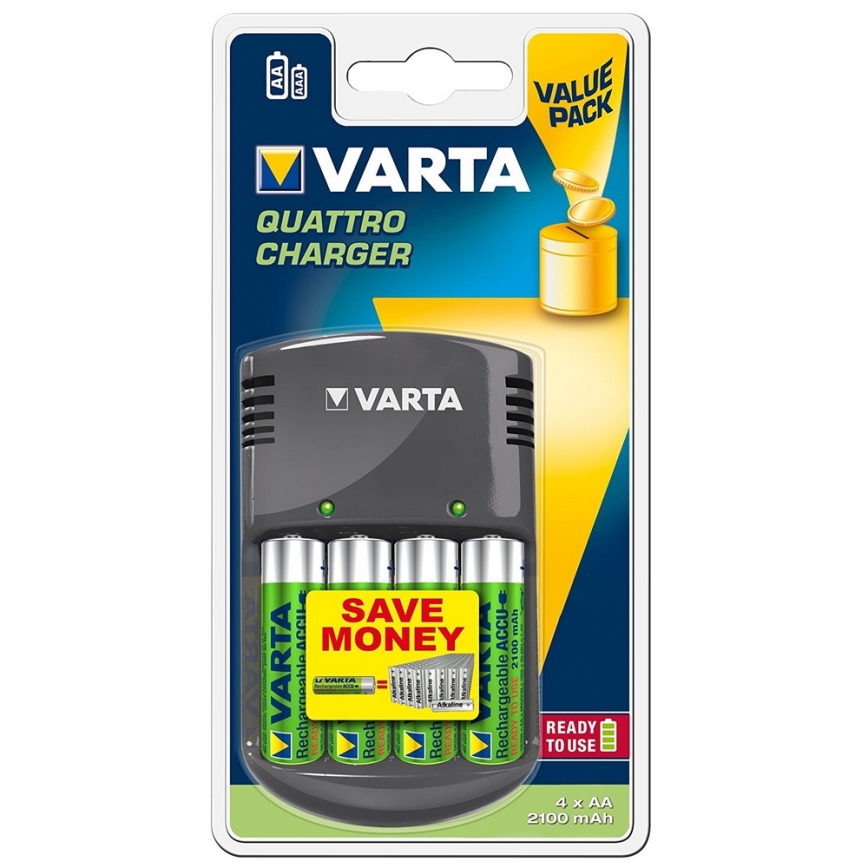 Varta 57677 - Elemtöltő LCD PLUG 4xAA/AAA/1x9V/USB 2100mAh 230V