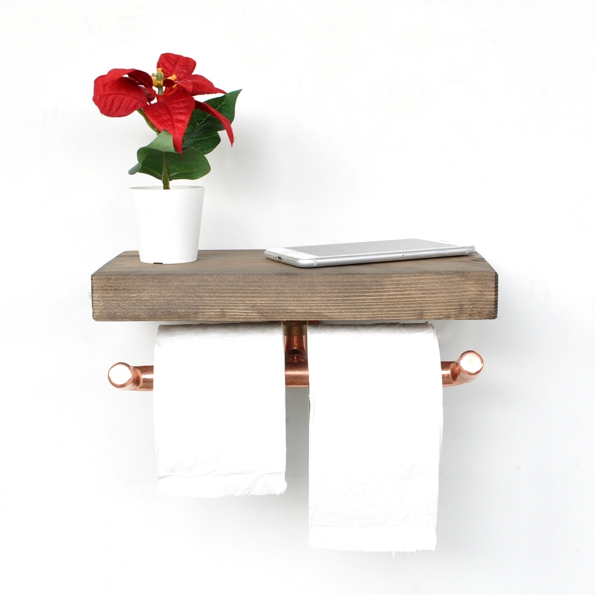 Vécépapír tartó polccal BORU 12x30 cm fenyő/réz