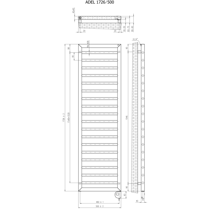 Vertaduro - ADEL fürdőszobai radiátor termosztáttal 600W 172x50 cm antracit