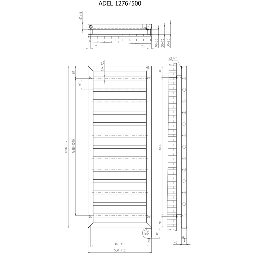 Vertaduro - ADEL fürdőszobai törölközőszárító radiátor termosztáttal 600W 128x50 cm taupe
