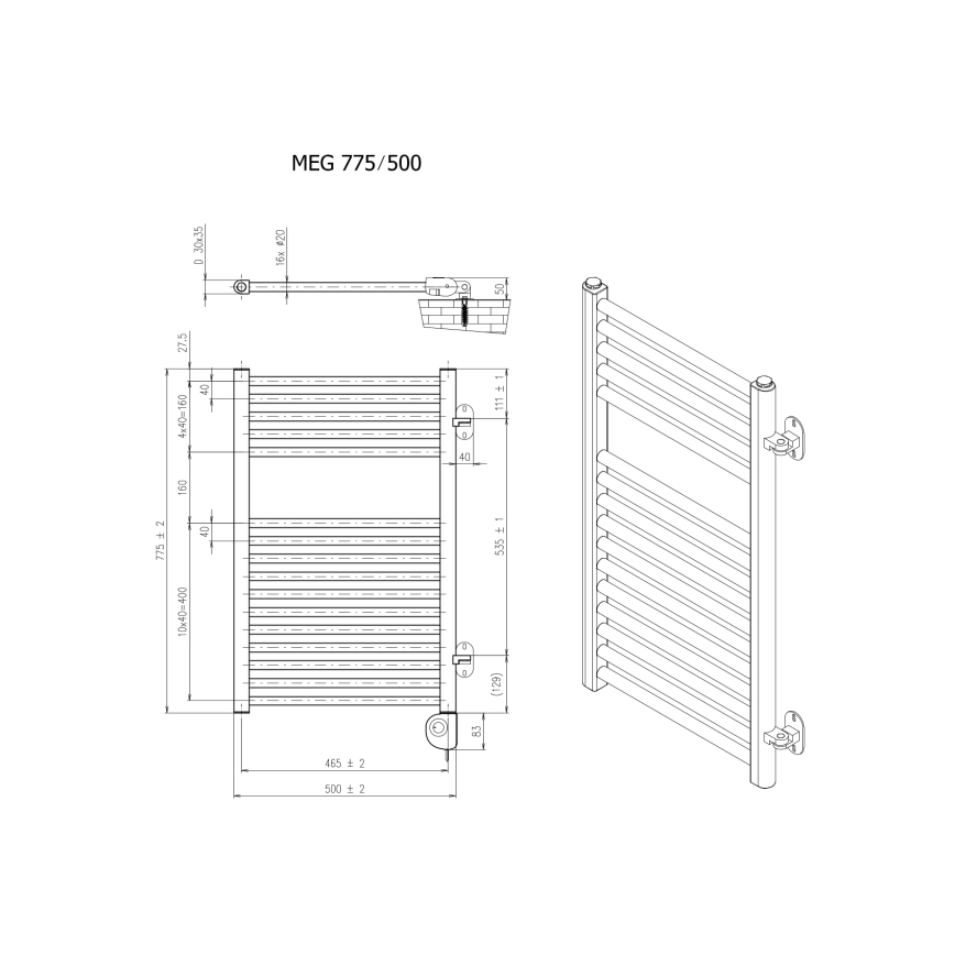 Vertaduro - Fürdőszobai radiátor termosztáttal MEG, 400 W, 78x50 cm, fehér