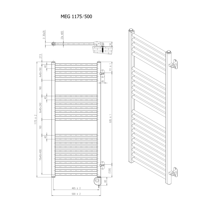 Vertaduro - Fürdőszobai radiátor termosztáttal MEG 600W 118x50 cm fehér