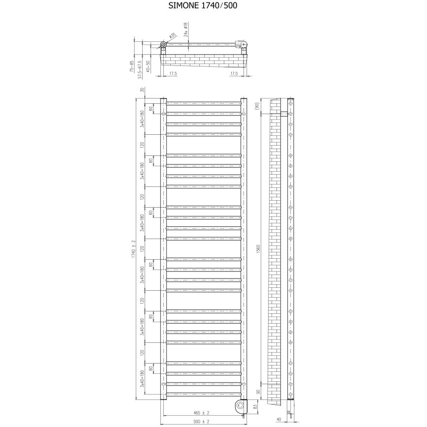 Vertaduro - Fürdőszobai radiátor termosztáttal SIMONE 600W 174x50 cm fekete