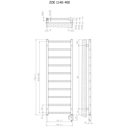 Vertaduro - Fürdőszobai radiátor termosztáttal ZOE 400W 114x40 cm antracit