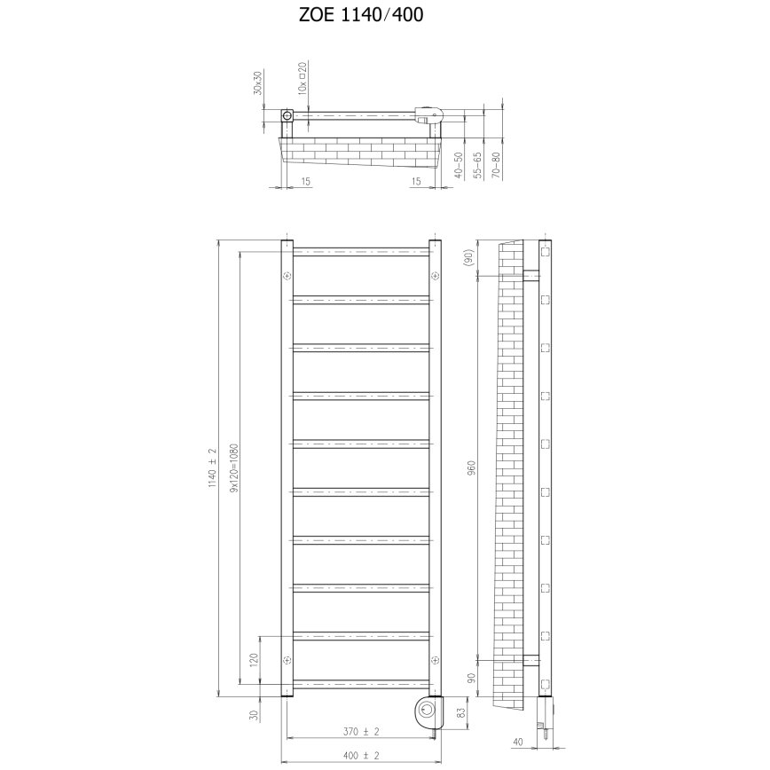 Vertaduro - Fürdőszobai radiátor termosztáttal ZOE 400W 114x40 cm antracit