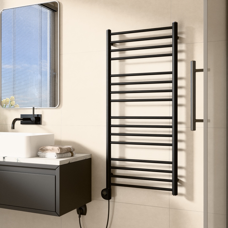 Vertaduro - Fürdőszobai törölközőszárító radiátor termosztáttal SIMONE 400W 114x50 cm fekete