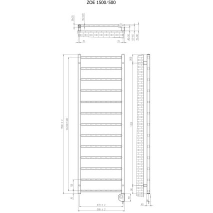Vertaduro - ZOE fürdőszobai törölközőszárító radiátor termosztáttal, 400 W, 150 x 50 cm, fekete