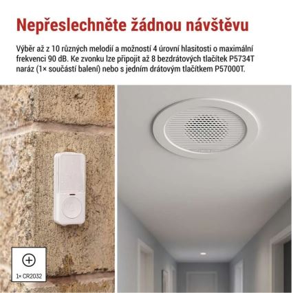 Vezeték nélküli beépíthető csengő 230V + 1xCR2032 fehér