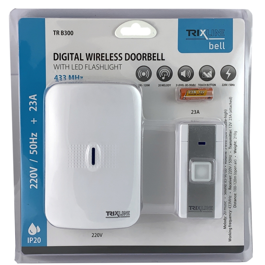 Vezeték nélküli csengő konnektorba BELL 230V + 1x23A fehér