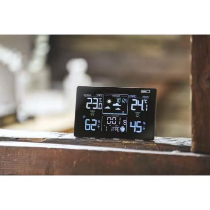 Vezeték nélküli időjárás állomás ébresztőórával 5V/3xAAA + 2xAAA fekete