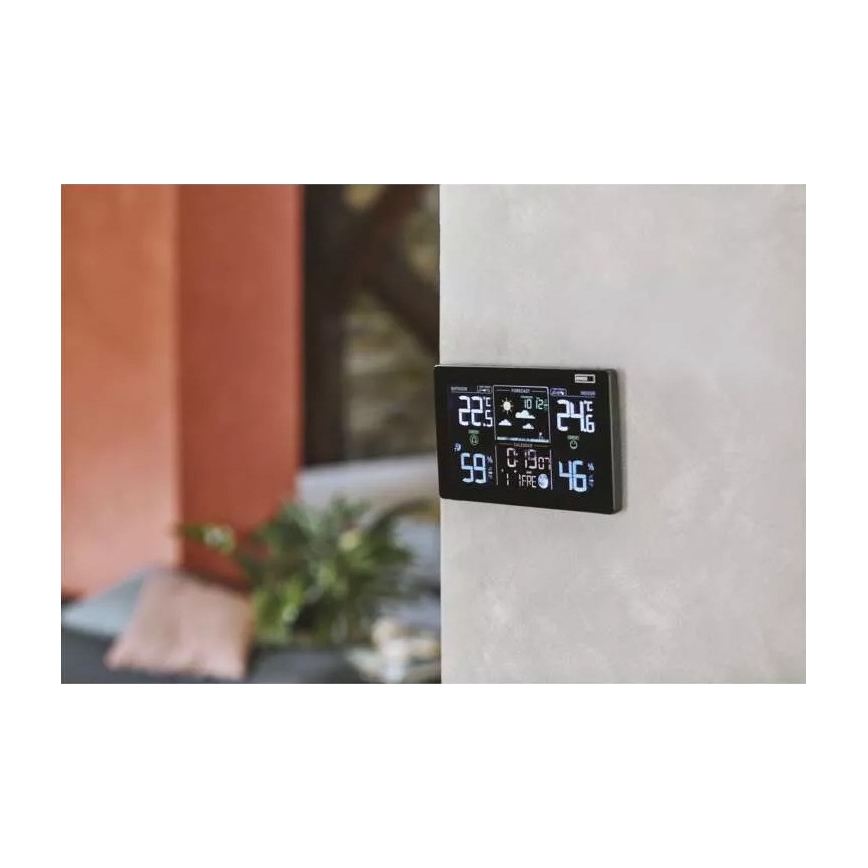 Vezeték nélküli időjárás állomás ébresztőórával 5V/3xAAA + 2xAAA fekete