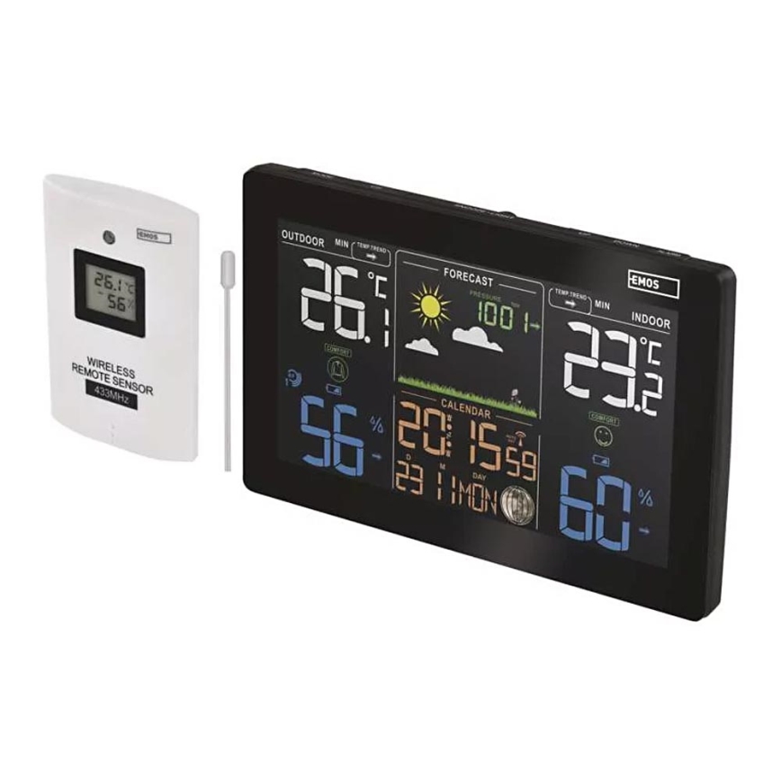 Vezeték nélküli időjárás állomás ébresztőórával 5V/3xAAA + 2xAAA fekete