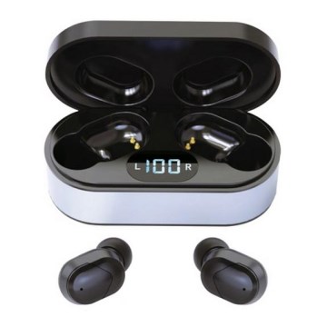 Vezeték nélküli SPORT fejhallgató Bluetooth V5.0 + LED töltőállomás fekete 300 mAh + 2x 40 mAh