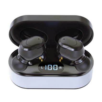 Vezeték nélküli SPORT fejhallgató Bluetooth V5.0 + LED töltőállomás fekete 300 mAh + 2x 40 mAh