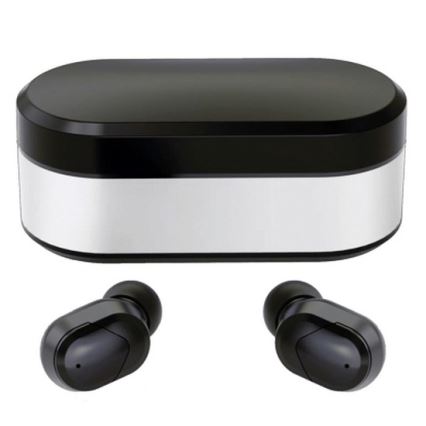 Vezeték nélküli SPORT fejhallgató Bluetooth V5.0 + LED töltőállomás fekete 300 mAh + 2x 40 mAh