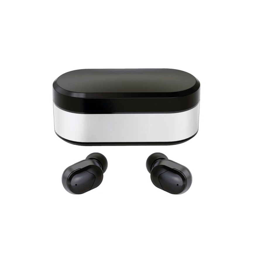 Vezeték nélküli SPORT fejhallgató Bluetooth V5.0 + LED töltőállomás fekete 300 mAh + 2x 40 mAh