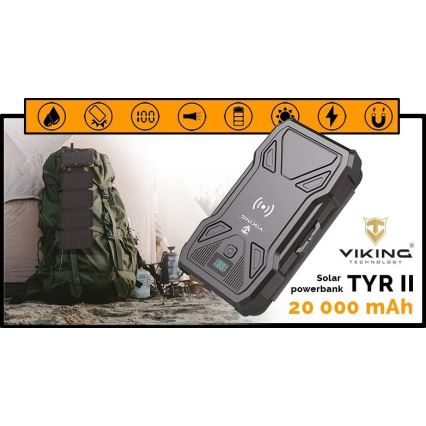 Viking - powerbank LED lámpával, vezeték nélküli töltéssel és napelemes töltőpanellel Power Delivery 22,5W/20000 mAh