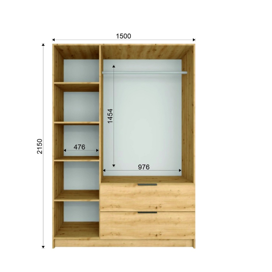 VISTA gardróbszekrény tükörrel, 150x215 cm, artisan tölgy/grafit