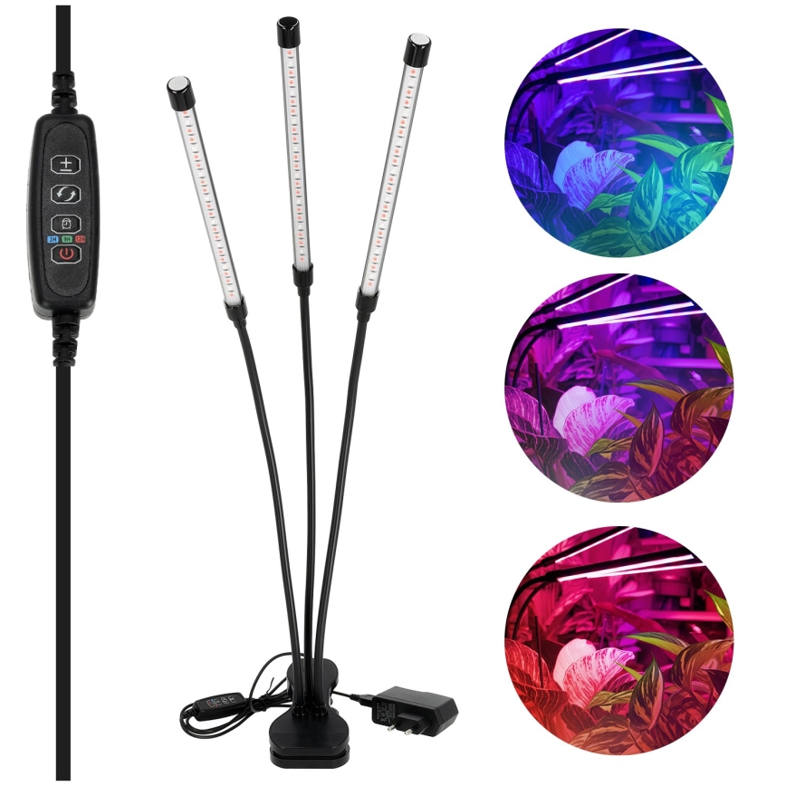 LED állítható fényerejű, rugalmas asztali lámpa csíptetővel növénytermesztéshez VITARO 3xLED/10W/230V fekete