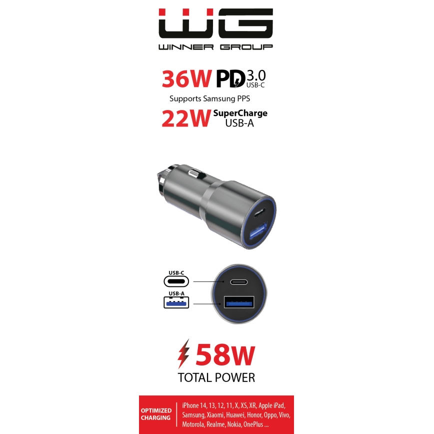 Winner Group - Autós töltő 1xUSB-C + 1xUSB-A Power Delivery 58,5W ezüst