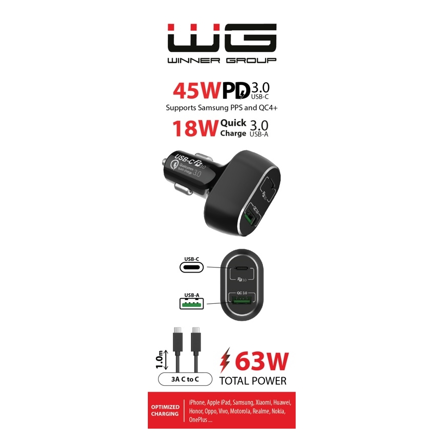 Winner Group - Autós töltő 1xUSB-C + 1xUSB-A Power Delivery 63W + USB vezeték USB-C / USB-C 1 m fekete