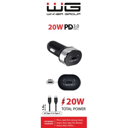 Winner Group - Autós töltő 1xUSB-C Power Delivery 20W + USB vezeték USB-C / USB-C 1 m fekete