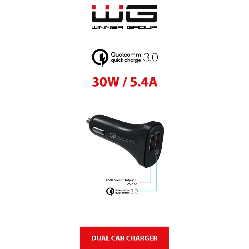 Winner Group - Autós töltő 2xUSB-A Power Delivery 30W fekete