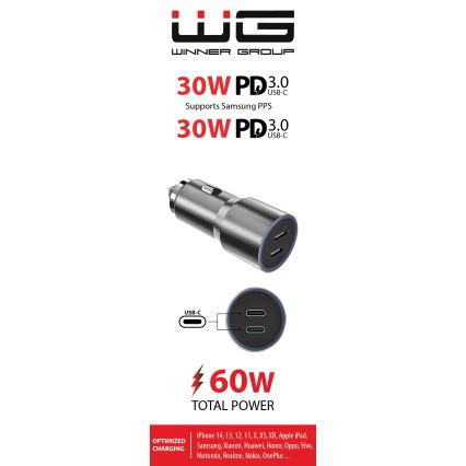 Winner Group - Autós töltő 2xUSB-C Power Delivery 60W ezüst