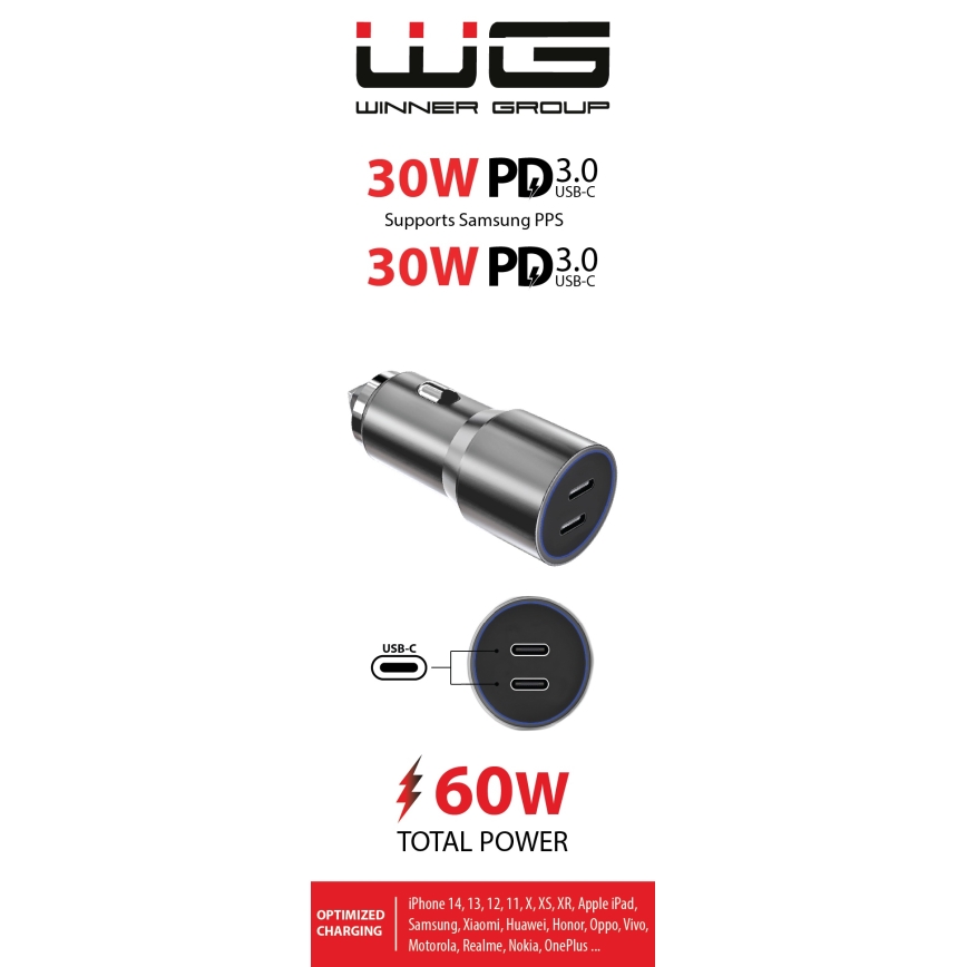 Winner Group - Autós töltő 2xUSB-C Power Delivery 60W ezüst