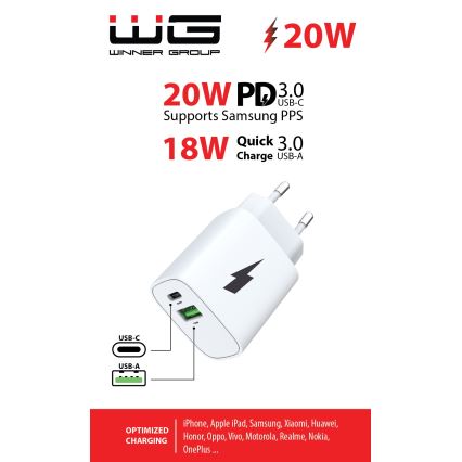 Winner Group - Gyors töltőadapter 1xUSB-C + 1xUSB-A Power Delivery 20W fehér
